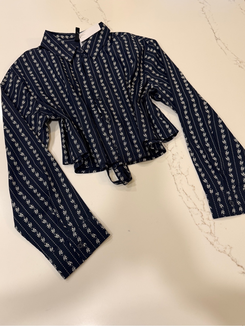 H&M Navy Blue Floral Tie-Front Button Down Top